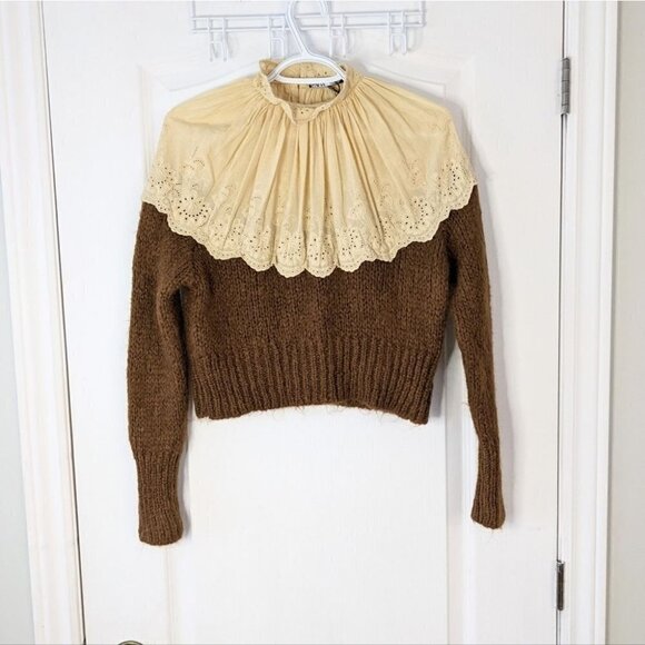 ZARA Contrasting embroidery lace knit sweater brown beige Small @L1 - Picture 9 of 13